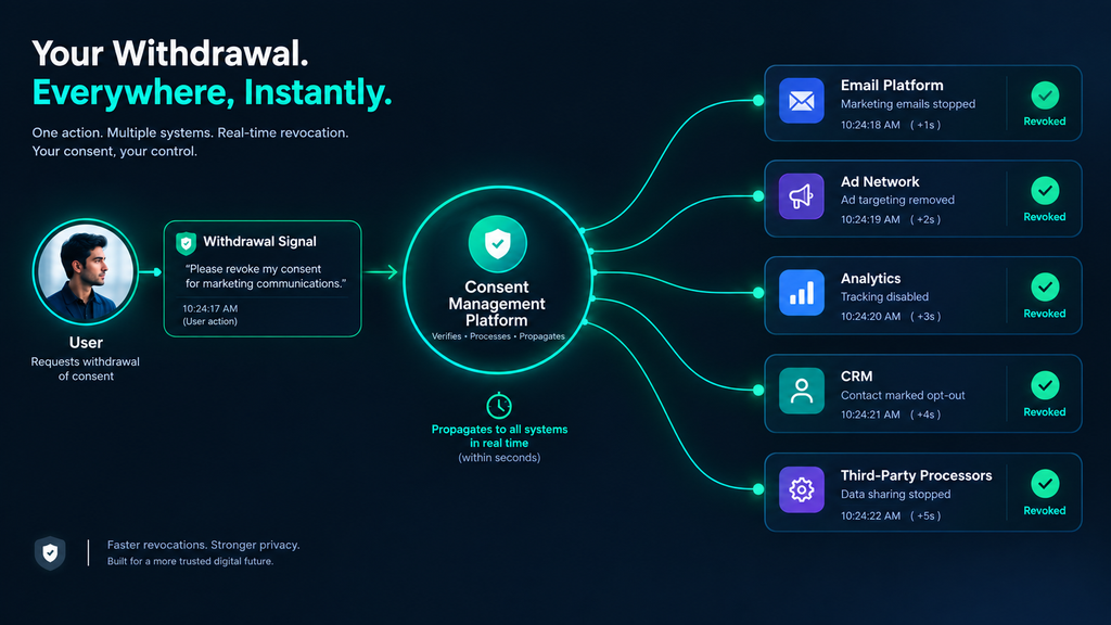Consent withdrawal propagating in real-time across email, ad networks, analytics, and third-party processors.
