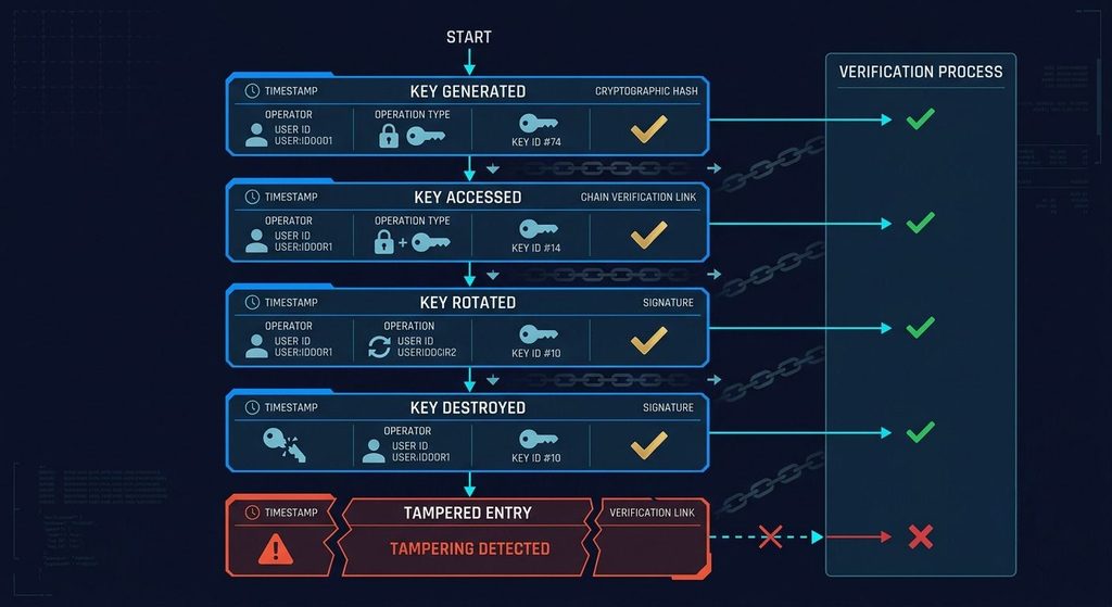 Immutable audit log architecture showing each key operation recorded with cryptographic signature, timestamp, operator identity, and audit chain validation. Shows tampering detection for modified logs.