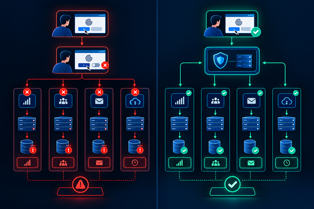 Flowchart showing how a cookie banner user consent flows into backend systems, illustrating the gap where withdrawal doesn't propagate to analytics SDKs, third-party vendors, and backup systems
