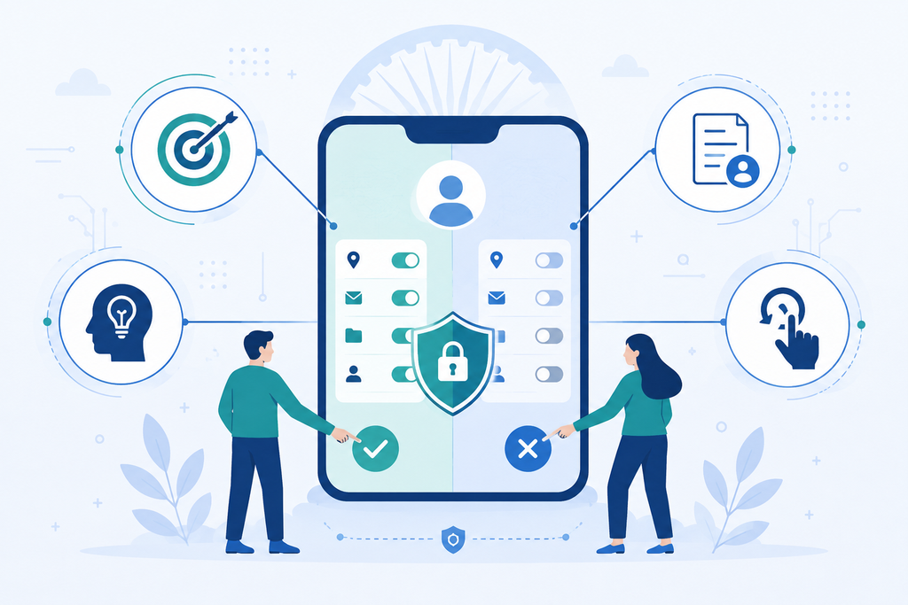 Illustration explaining DPDP Act consent requirements: free, specific, informed, and withdrawable consent