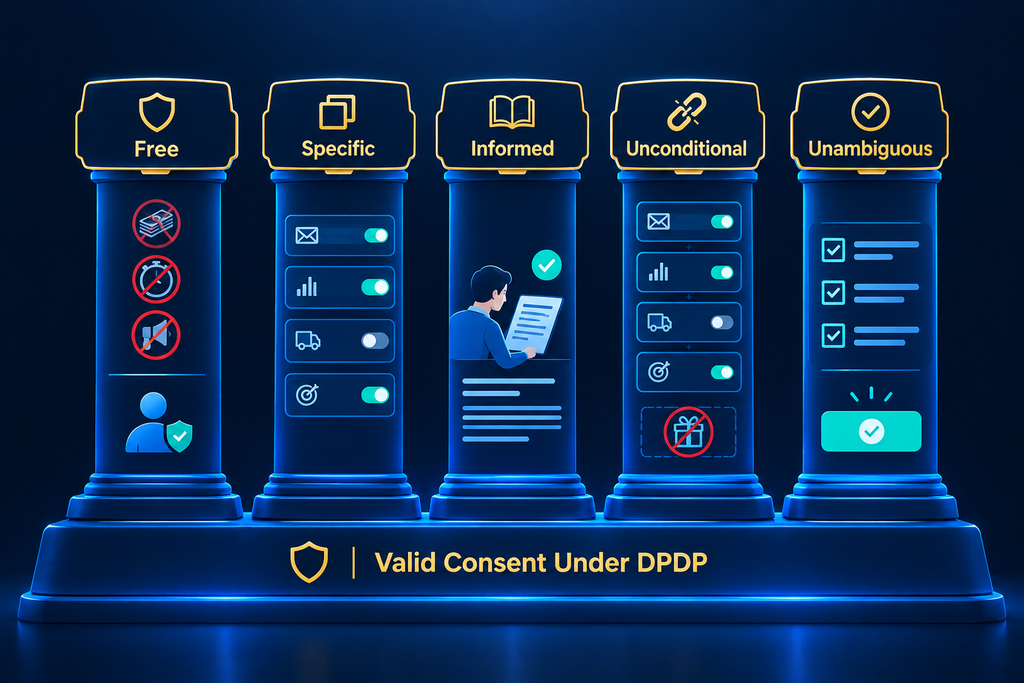 Illustrated breakdown of DPDP Act's five consent requirements: Free, Specific, Informed, Unconditional, and Unambiguous, each pillar explaining what the requirement means in practice