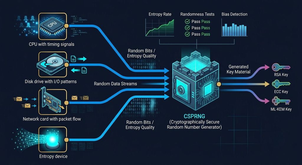Entropy collection pipeline showing hardware sources (CPU timing, disk I/O, network packets, entropy device) feeding into cryptographically secure random number generator producing key material.
