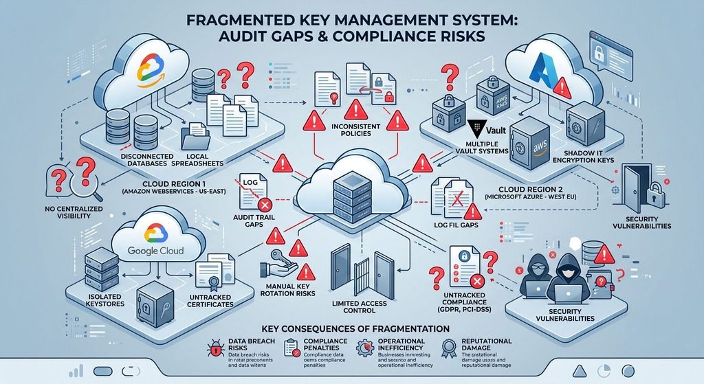 Infographic showing fragmented cryptographic key management across disconnected systems causing compliance audit gaps