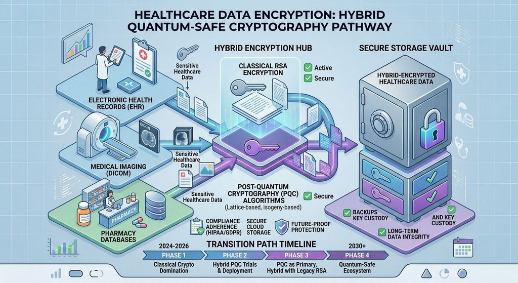 Healthcare data encryption illustration showing hybrid classical and post-quantum cryptography for HIPAA compliance