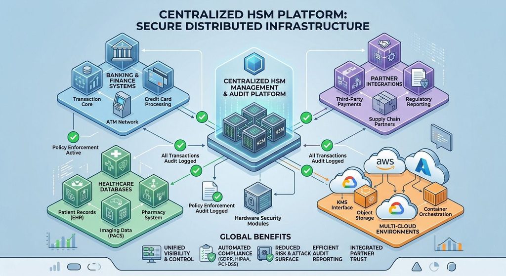 Architecture diagram of centralized HSM platform connecting banking, healthcare, and cloud infrastructure for compliance