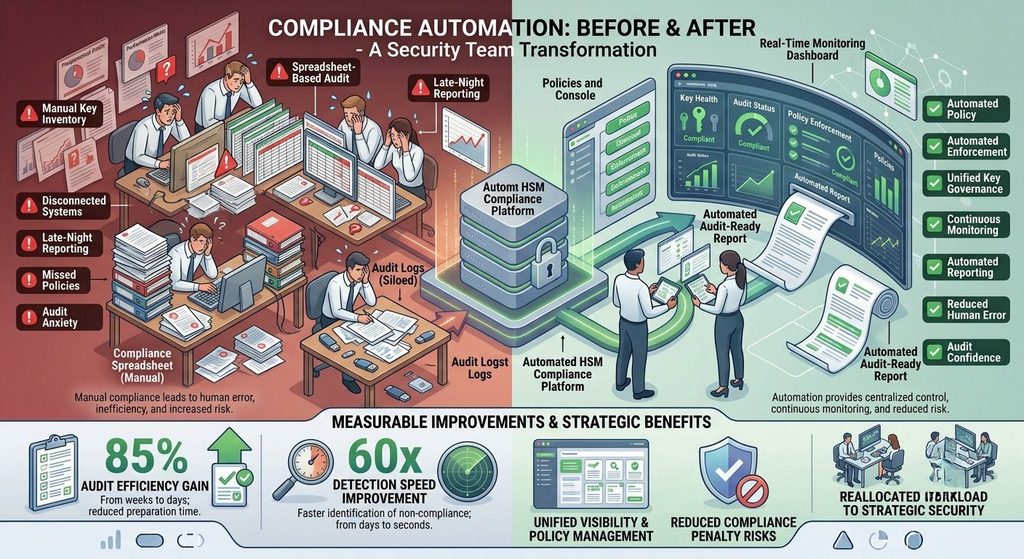 Before and after comparison infographic of manual versus automated HSM compliance showing 85% efficiency gains