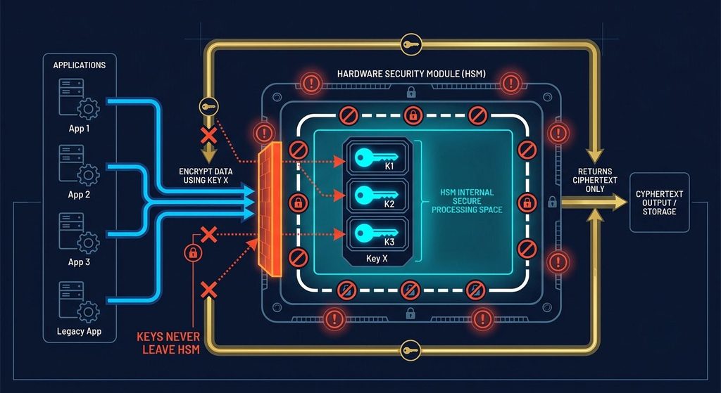 HSM isolated architecture showing applications and external systems unable to access keys directly. Keys remain inside HSM; only encrypted results exit the device. Shows secure boundaries and tamper-detection sensors.