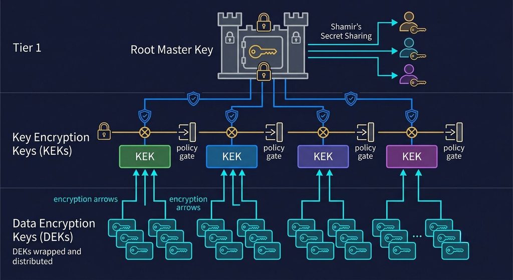 Three-tier hierarchical key architecture showing root master key at top, key encryption keys in middle layer wrapping operational keys, and data encryption keys at bottom. Shows cryptographic protection at each layer with lock icons.