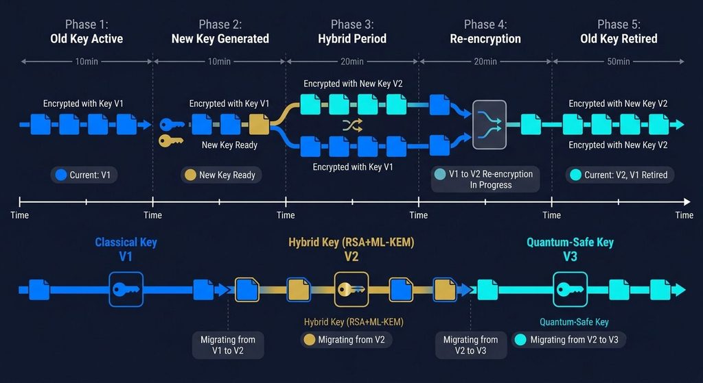 Multi-phase key rotation showing data encrypted with old key, gradual acceptance of new key, re-encryption of historical data, and eventual retirement of old key. Shows timeline and parallel classical-quantum key transition.