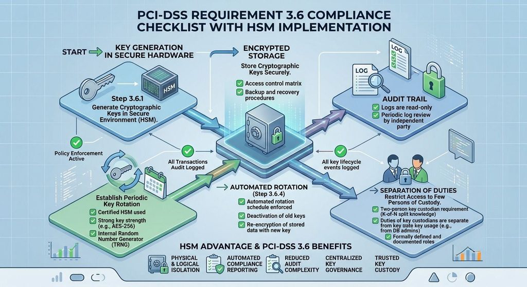 PCI-DSS Requirement 3.6 compliance flowchart showing HSM key generation, rotation, and audit trail process