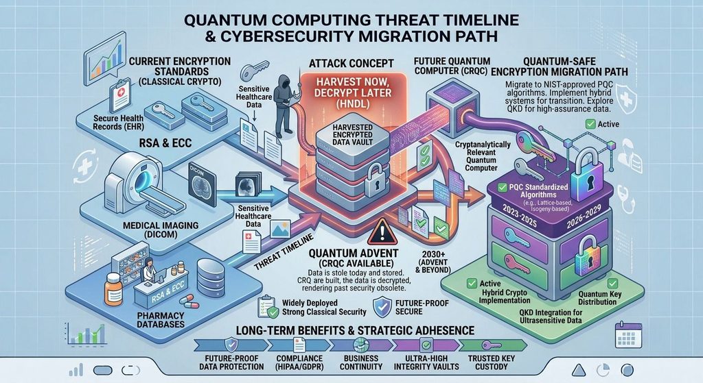 Timeline visualization of quantum computing threats and post-quantum cryptography migration path