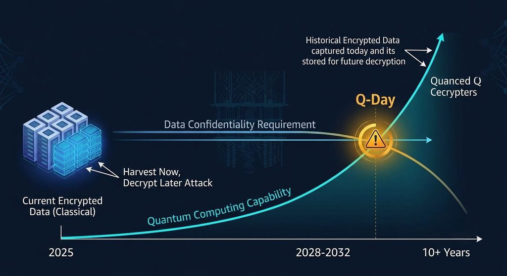 Timeline visualization showing "harvest now, decrypt later" attack vector. Data encrypted today with RSA-4096 remains vulnerable to quantum decryption in future years. Shows quantum computing maturity curve intersecting data confidentiality requirement line.