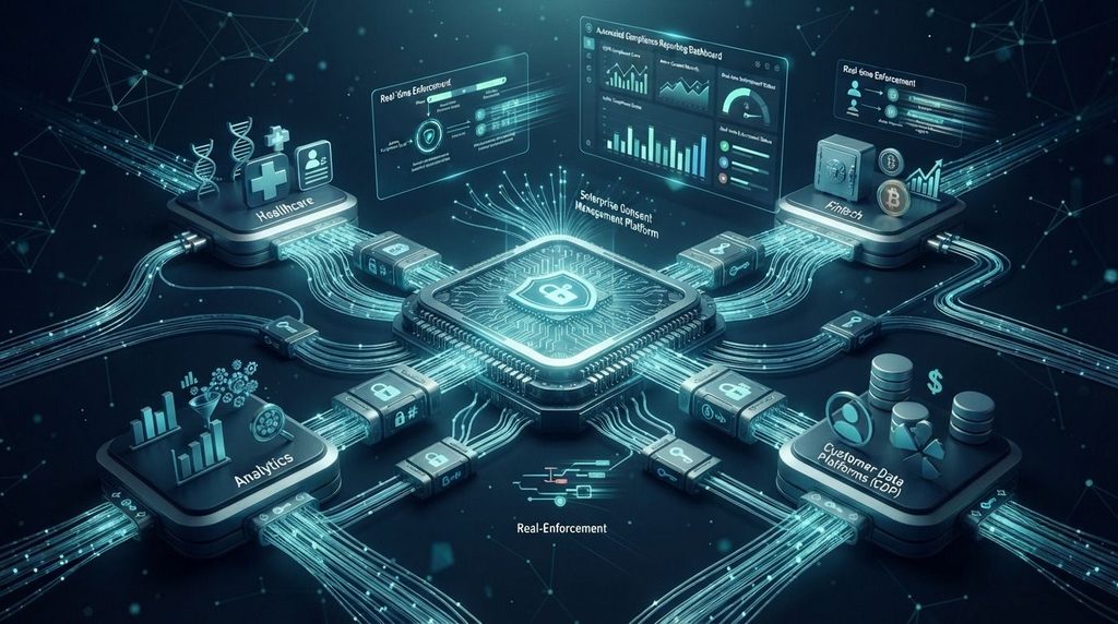 SecureCMS enterprise consent management platform connecting healthcare, fintech, analytics, and customer data systems through secure APIs.