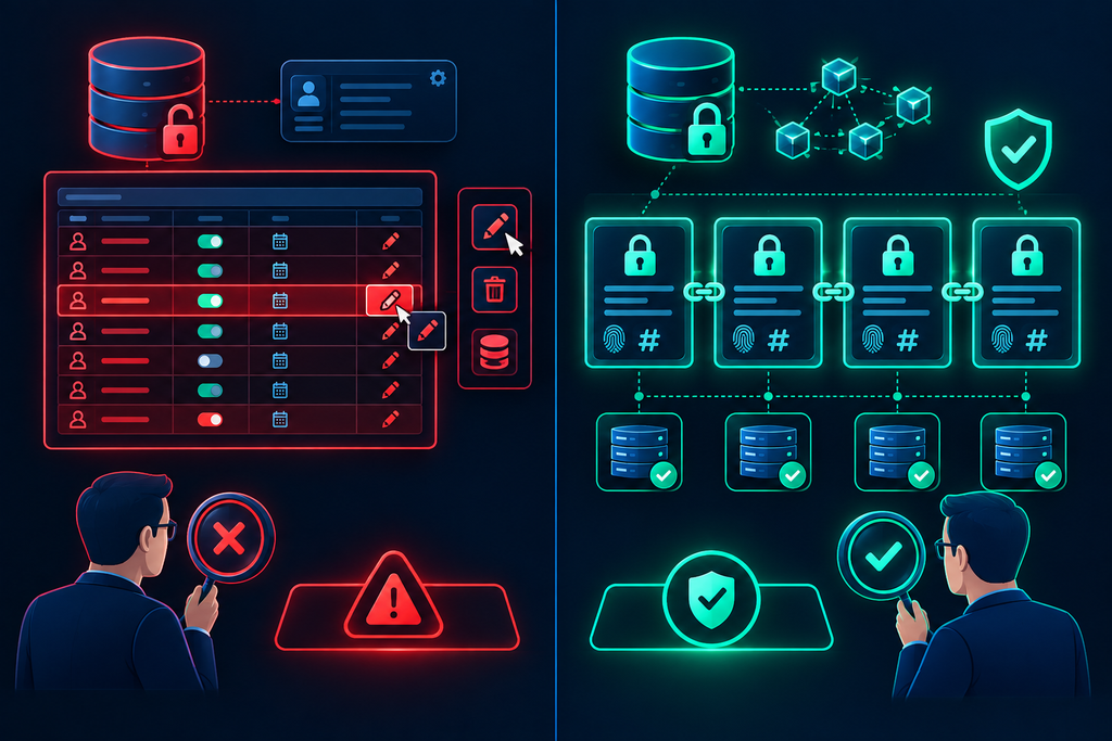 Visual comparison of a vulnerable database consent log on the left that can be edited, versus a tamper-evident, cryptographically verified consent audit trail on the right with immutable blockchain-style records