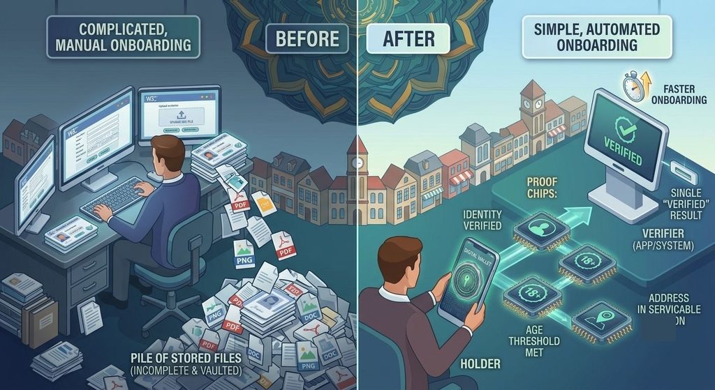 Before-and-after loan onboarding comparing document uploads with SecureX-DiD proofs that reduce stored sensitive data