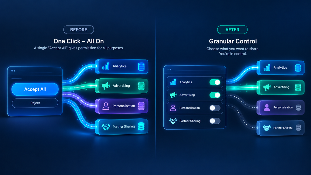 Consent banner with one Accept All button compared against separate purpose-wise consent toggles