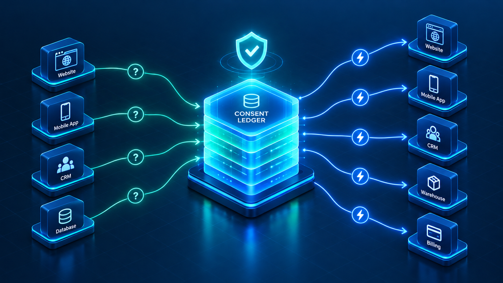Architecture diagram of a central consent ledger using pull checks and push webhooks to update connected systems