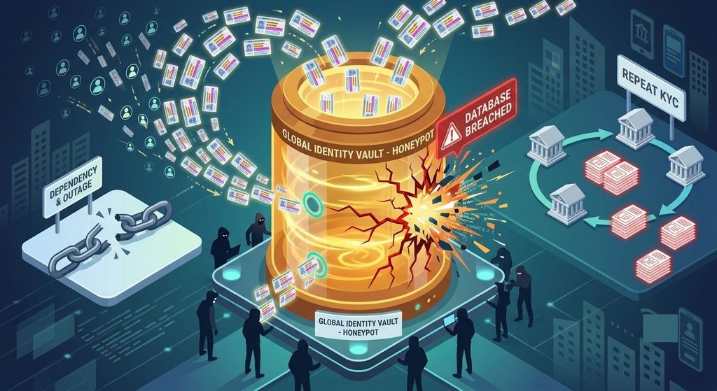 Centralized identity database shown as a honeypot attracting attackers, with repeated KYC copies spread across multiple institutions