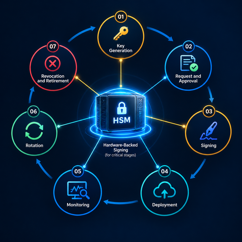 Seven-stage certificate lifecycle ring with HSM at the center