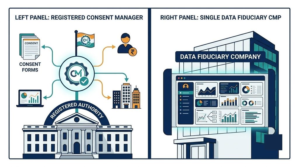 Comparison of a registered DPDP Consent Manager serving individuals and a consent management platform used by one business
