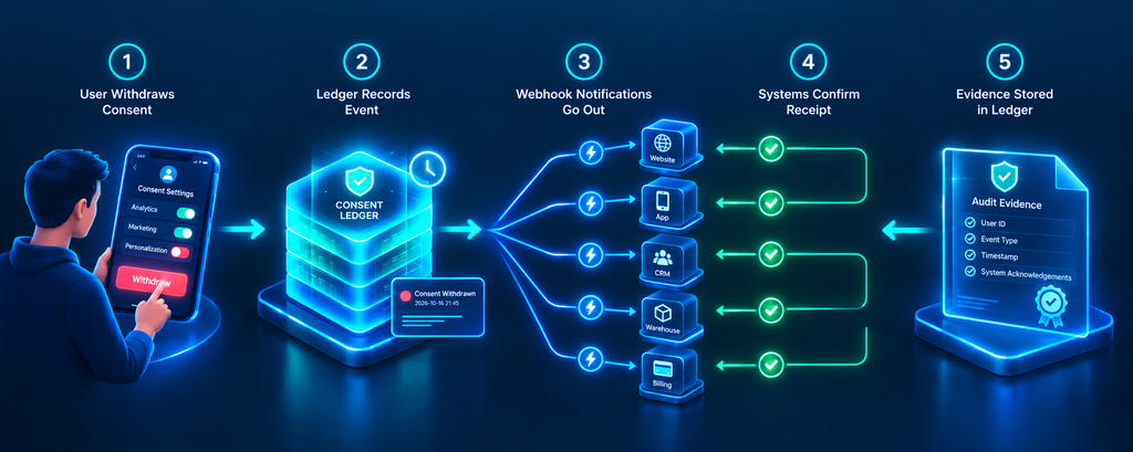  End-to-end consent withdrawal workflow from user request to webhooks, system confirmations and stored proof