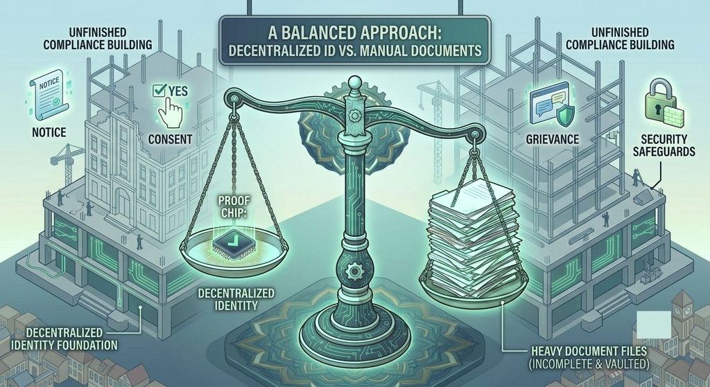 Scale and building foundation illustrating how decentralized identity supports DPDP data minimisation without replacing consent and safeguards