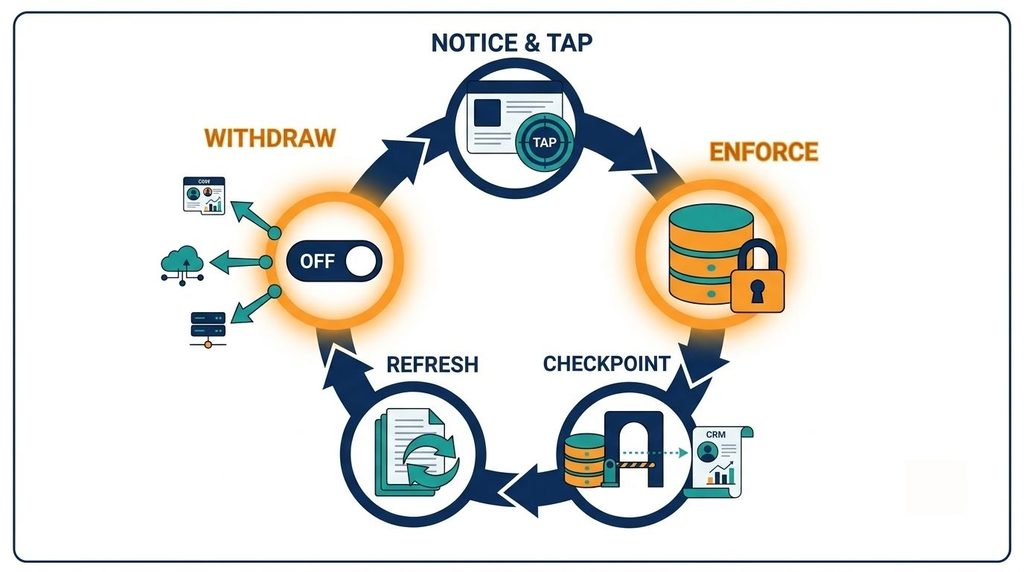 Circular diagram of the five-stage DPDP consent lifecycle: capture, store, enforce, update and withdraw