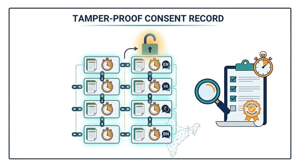 Blockchain-style chain of consent records with timestamps reviewed by a regulator as proof of DPDP consent