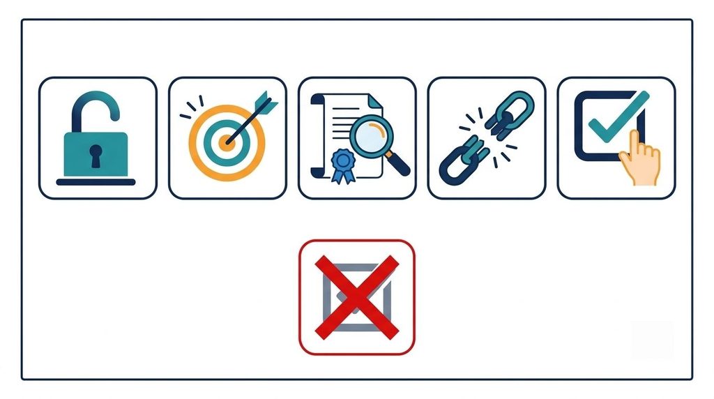 Five icons showing the elements of valid DPDP consent: free, specific, informed, unconditional and unambiguous