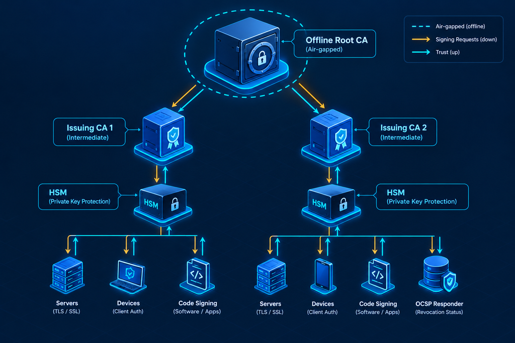HSM-backed PKI architecture with offline root CA, issuing CAs and OCSP responder