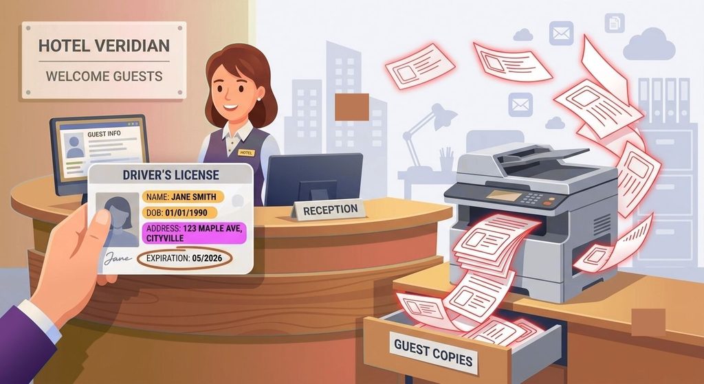 Illustration of a hotel desk where an ID is photocopied and copies pile up in a drawer, showing the identity over-sharing problem