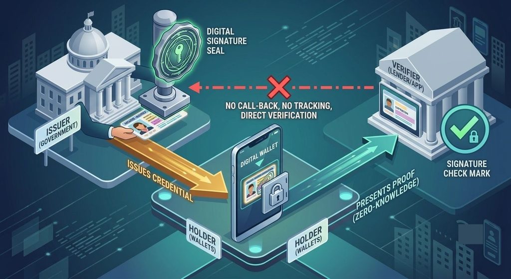 Trust triangle showing issuer, holder wallet and verifier in decentralized identity, with no direct verifier-to-issuer tracking