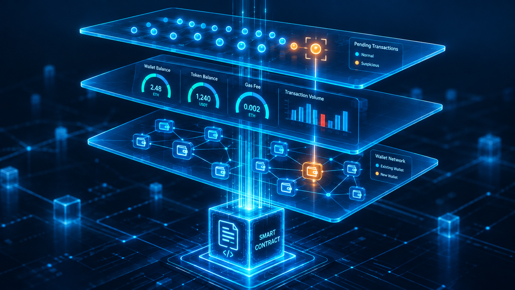 Three monitoring layers (mempool, contract state, wallet behavior) protecting a smart contract