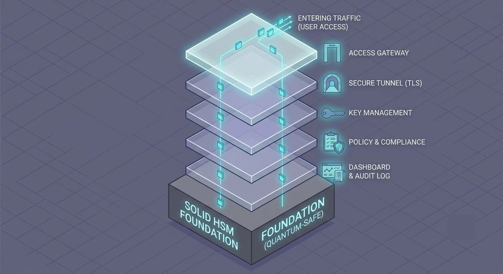 QuantumVault layered architecture around a payment HSM: gateway, tunnel, key management, policy engine, governance