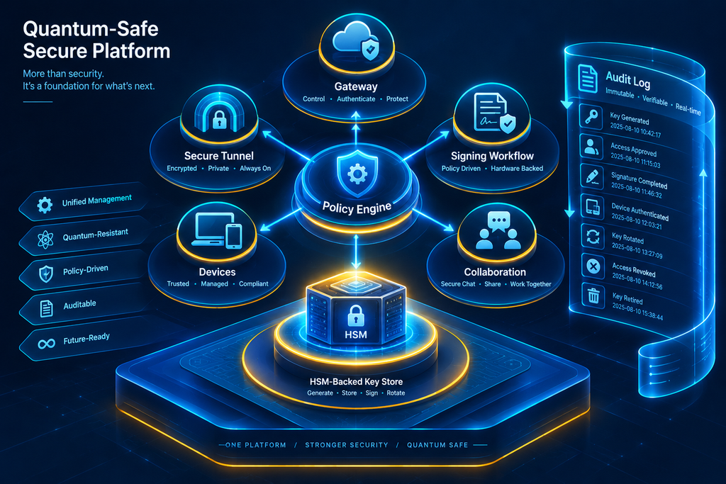 QuantumVault PQC governance platform connecting policy engine, key management, gateway, tunnel and audit logs