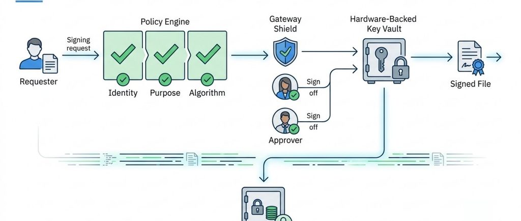 QuantumVault policy engine enforcing multi-approver signing before key use