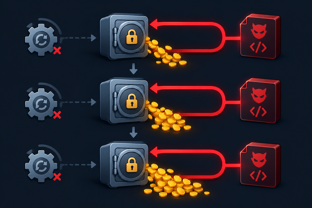 Diagram of a reentrancy attack where a malicious contract repeatedly drains funds from a vault