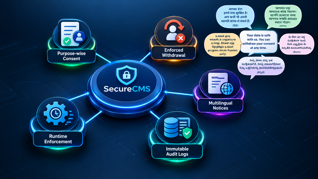 SecureCMS dashboard connecting purpose-wise consent, withdrawal, runtime enforcement, audit logs and multilingual notices