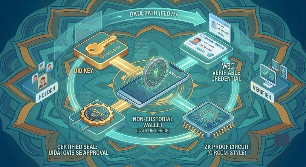 SecureX-DiD architecture combining DIDs, W3C verifiable credentials, zero-knowledge proofs and UIDAI OVIS SE approval in a non-custodial wallet