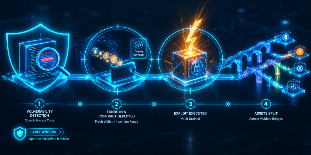 Four stages of a smart contract exploit with early detection windows highlighted
