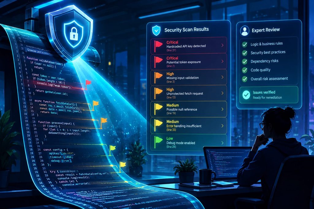 Shield scanning smart contract code and producing a severity-ranked audit report