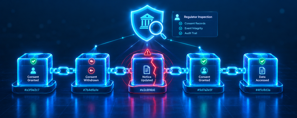 Hash-linked tamper-evident consent audit trail where any altered record becomes detectable during a regulator inquiry