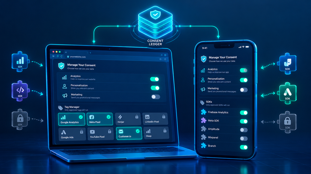 Website and mobile app consent toggles controlling which tags and SDKs run through a consent platform